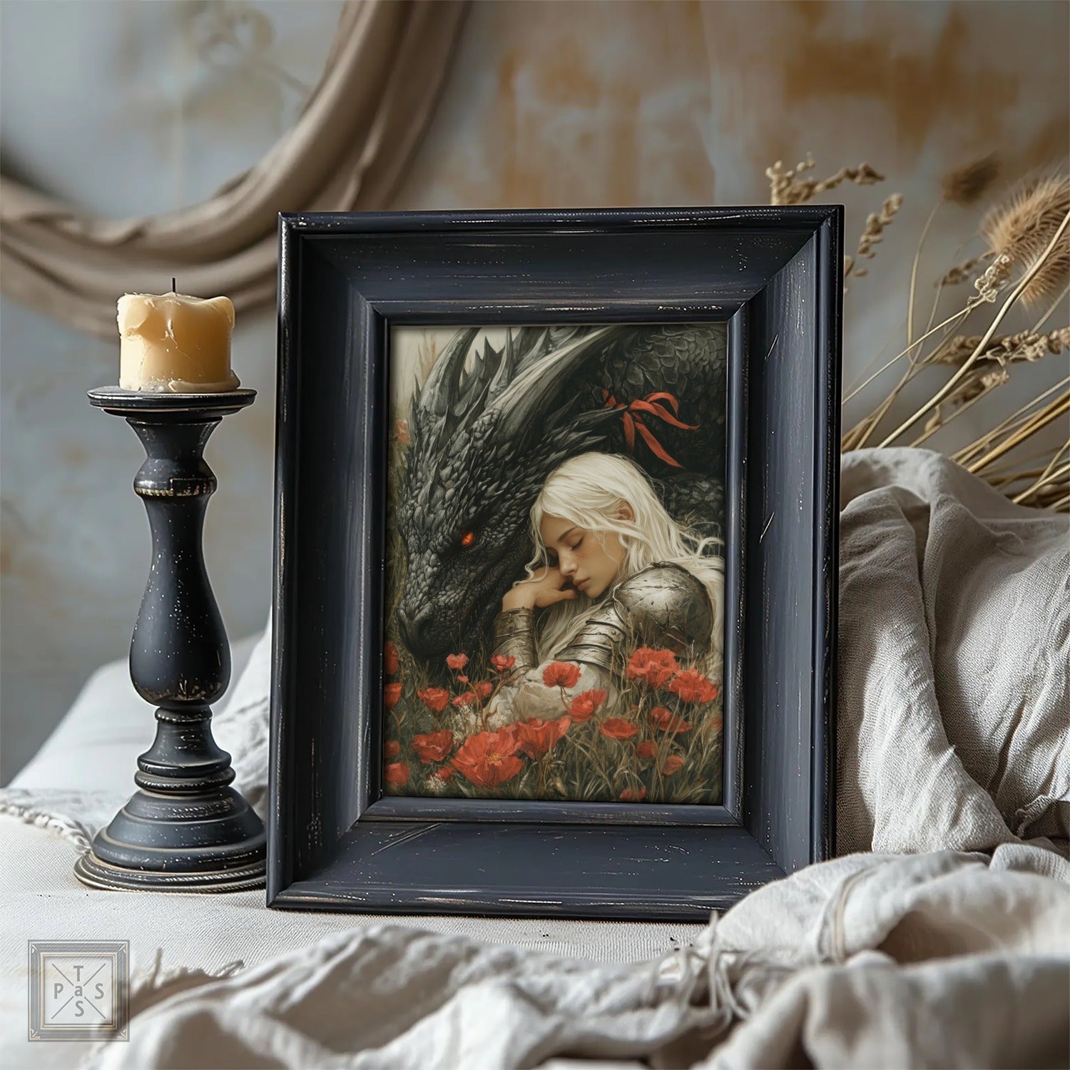 Framed artwork of a dragon and