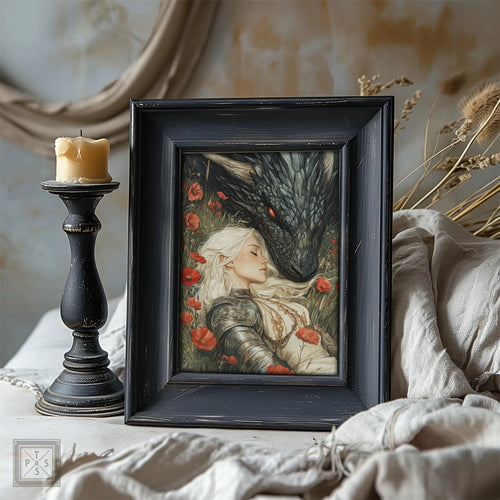 Framed artwork of a woman in armor sleeping with a dragon in a field of poppies.