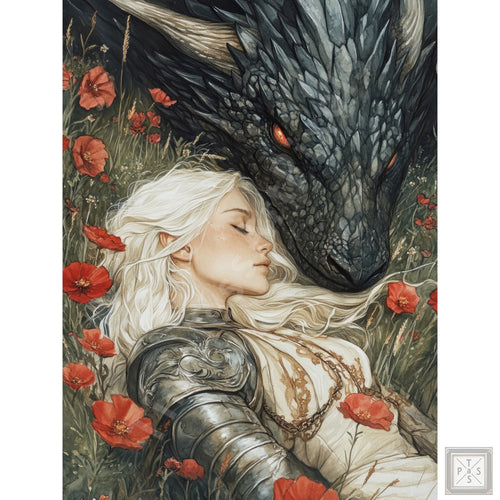 Dragon and armored woman with blonde hair lying in a field of red poppies.
