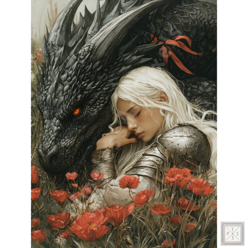 A blonde woman in armor sleeps in a field of red poppies next to a black dragon.