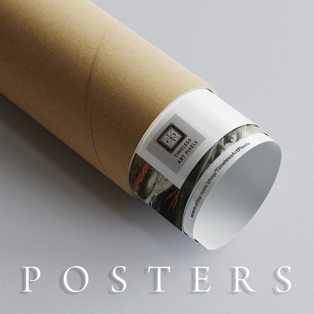 Poster tube with "Timeless Art Pixels" label and exposed artwork on a gray background, word "POSTERS" below.