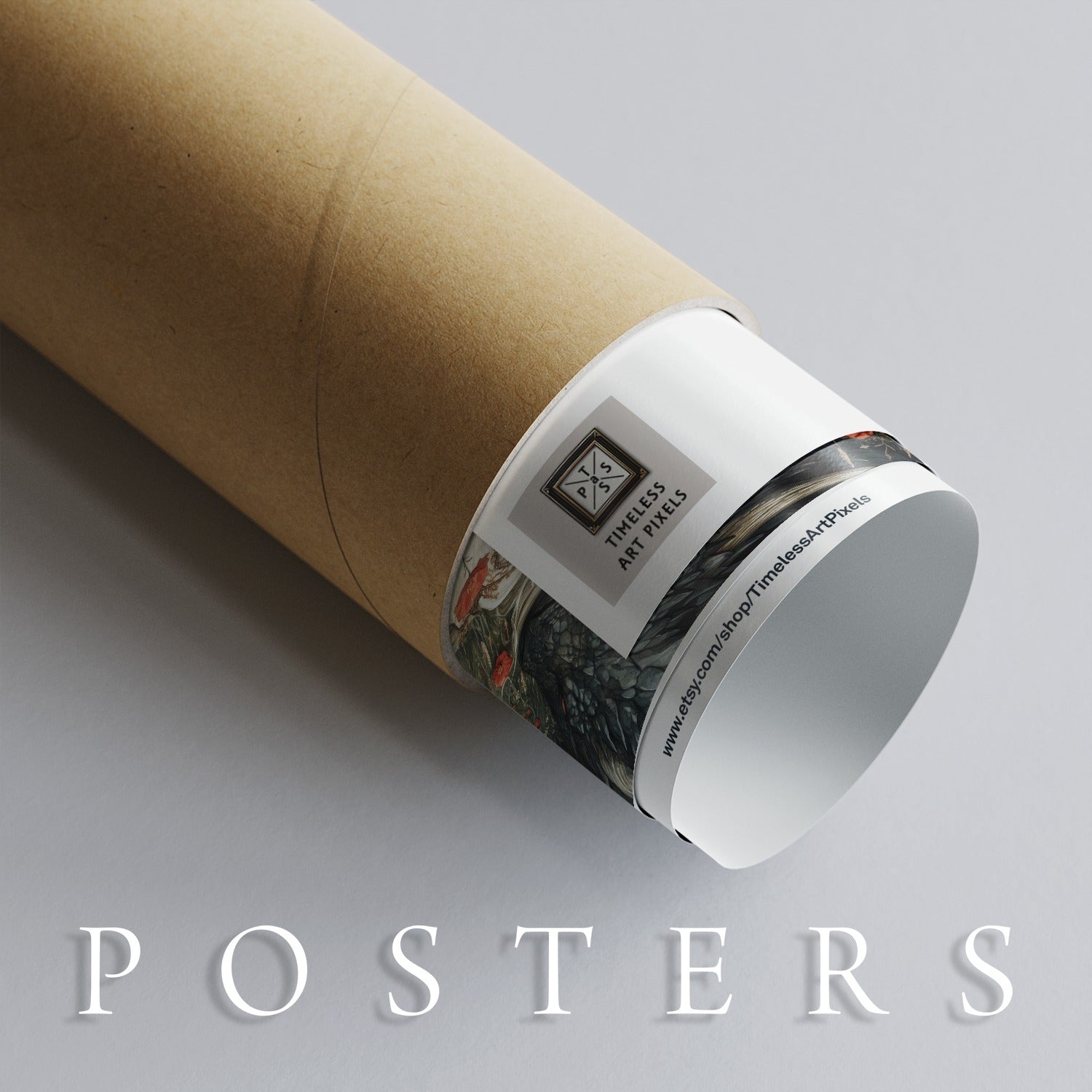 Poster in protective tube with "Timeless Art Pixels" label and Etsy shop URL.