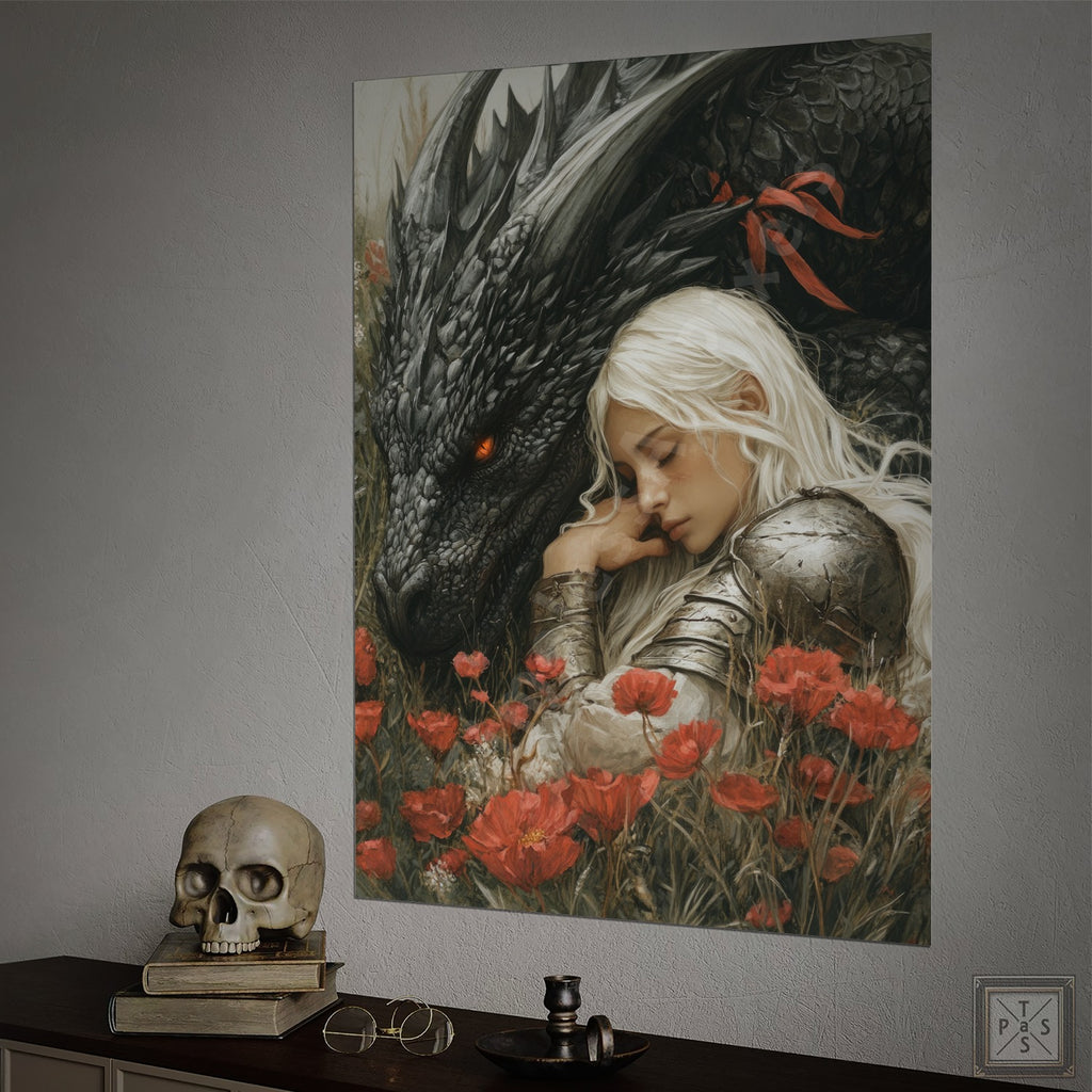 Fantasy art of a dragon and woman sleeping in a field of red poppies.