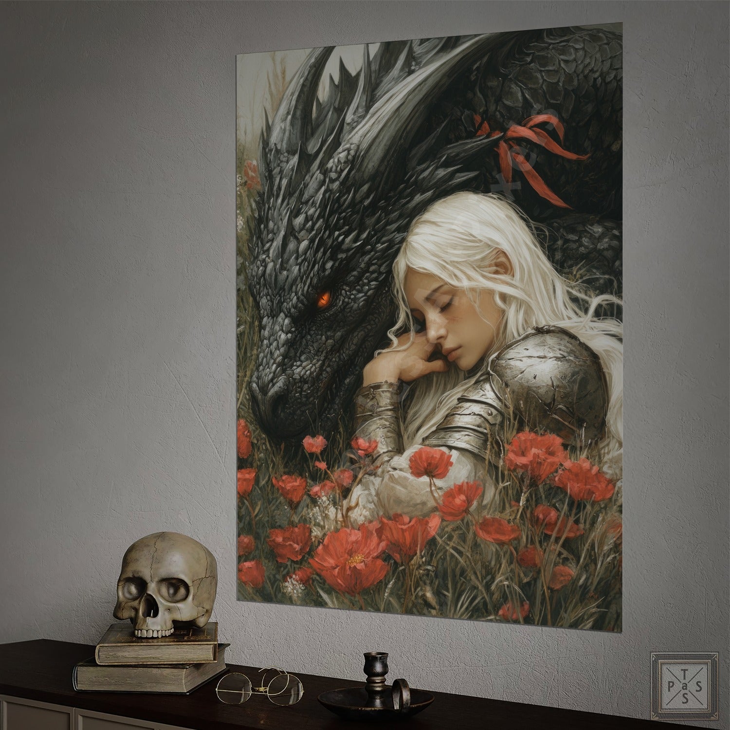 Fantasy art of a dragon and woman sleeping in a field of red poppies.