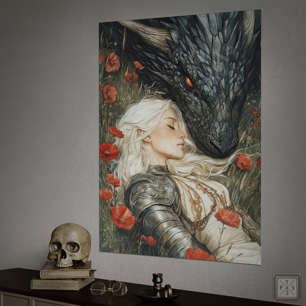 A dragon's head rests beside a sleeping woman in armor amid poppies and grass.